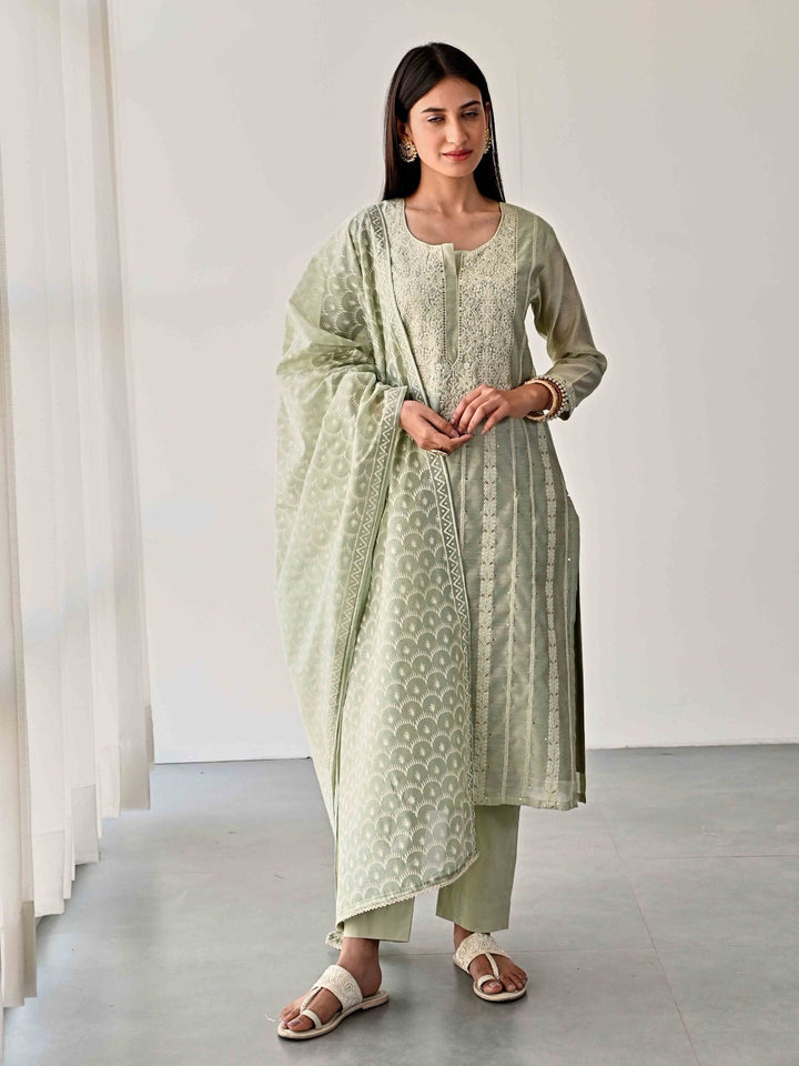 Embroidered Chanderi Kurta With Pants &amp; Dupatta