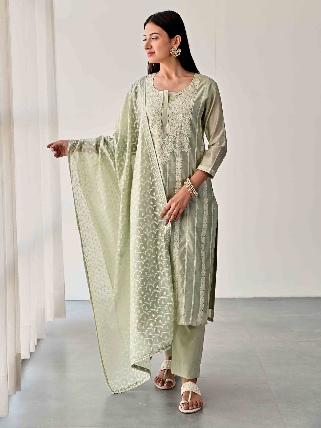 Embroidered Chanderi Kurta With Pants &amp; Dupatta