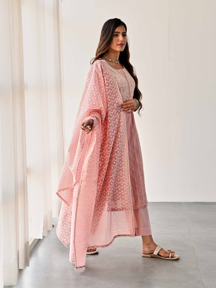 Embroidered Chanderi Kurta With Pants &amp; Dupatta