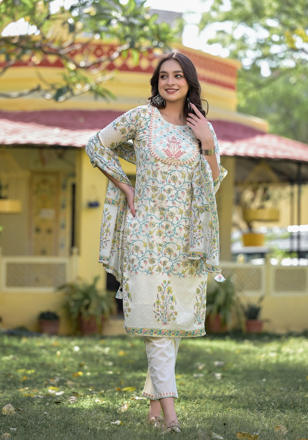 Printed Cotton Kurta With Pants &amp; Dupatta