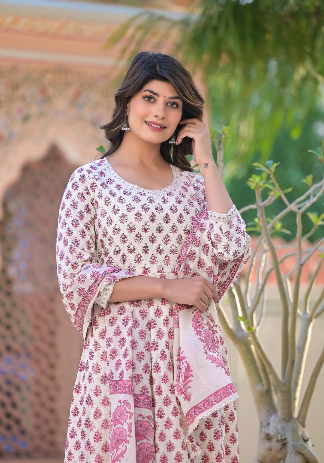 Floral Printed Cotton Kurta With Pants &amp; Dupatta