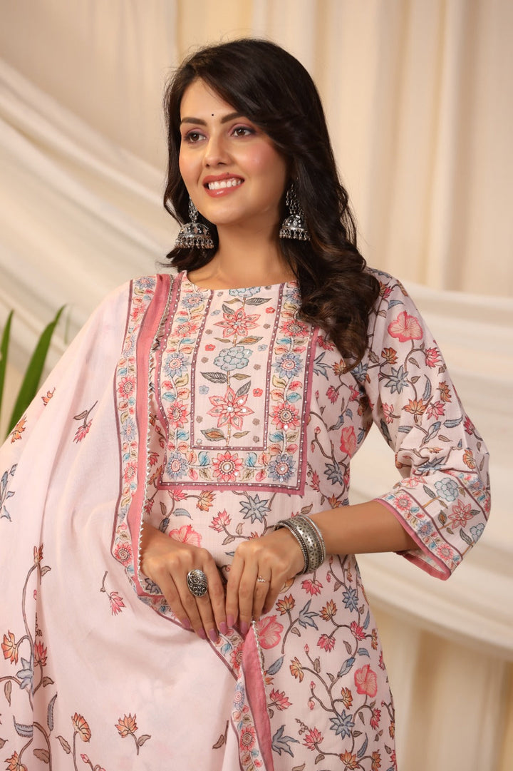 Floral Printed Cotton Kurta With Pants &amp; Dupatta