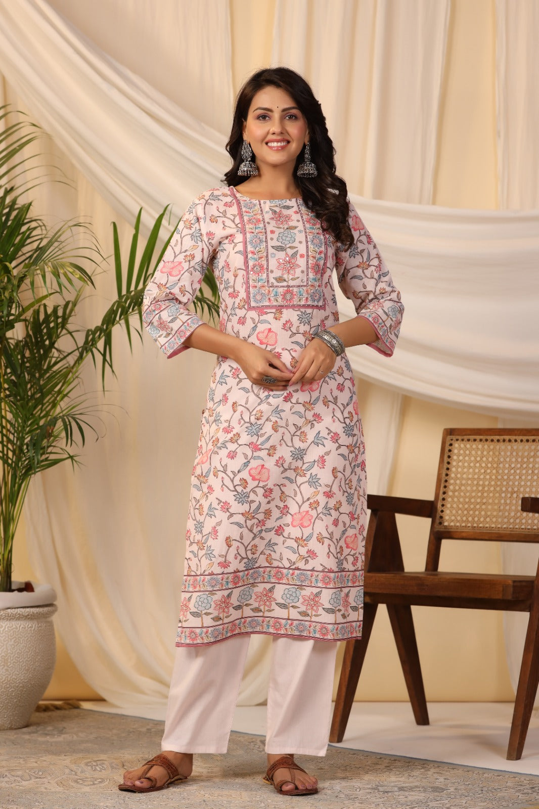 Floral Printed Cotton Kurta With Pants &amp; Dupatta