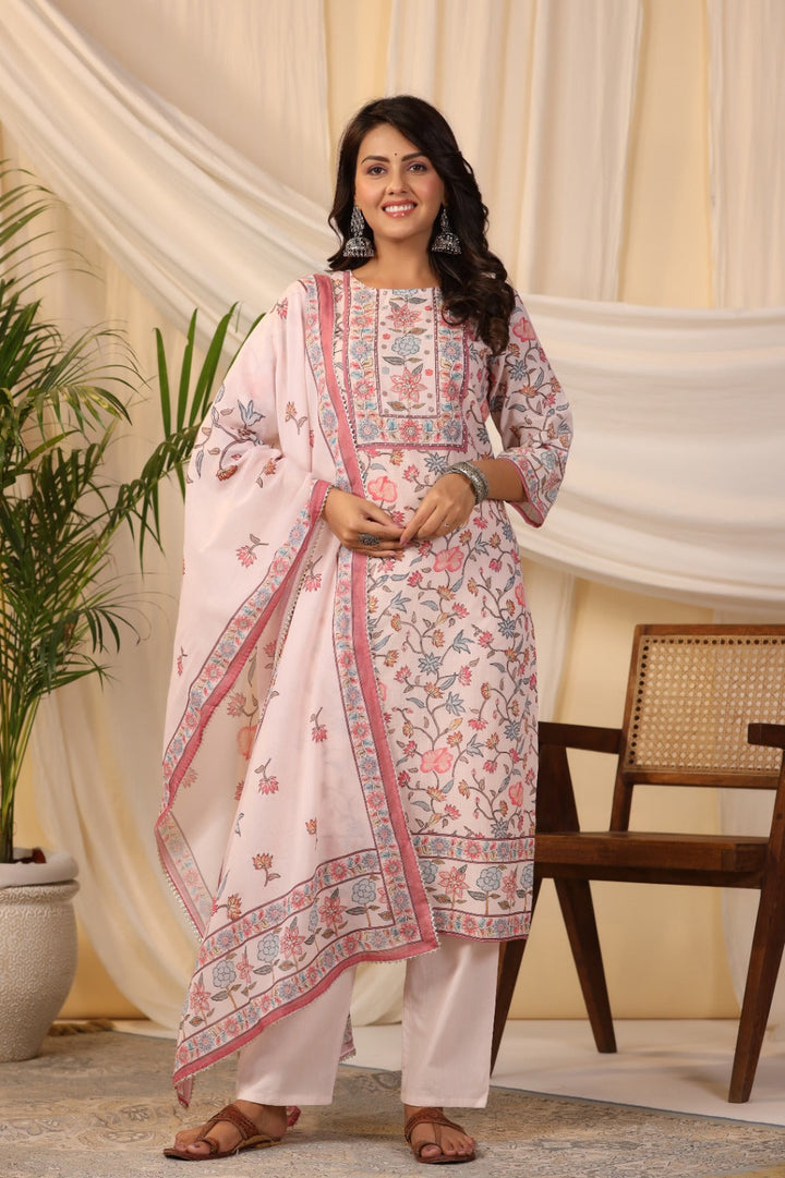 Floral Printed Cotton Kurta With Pants &amp; Dupatta