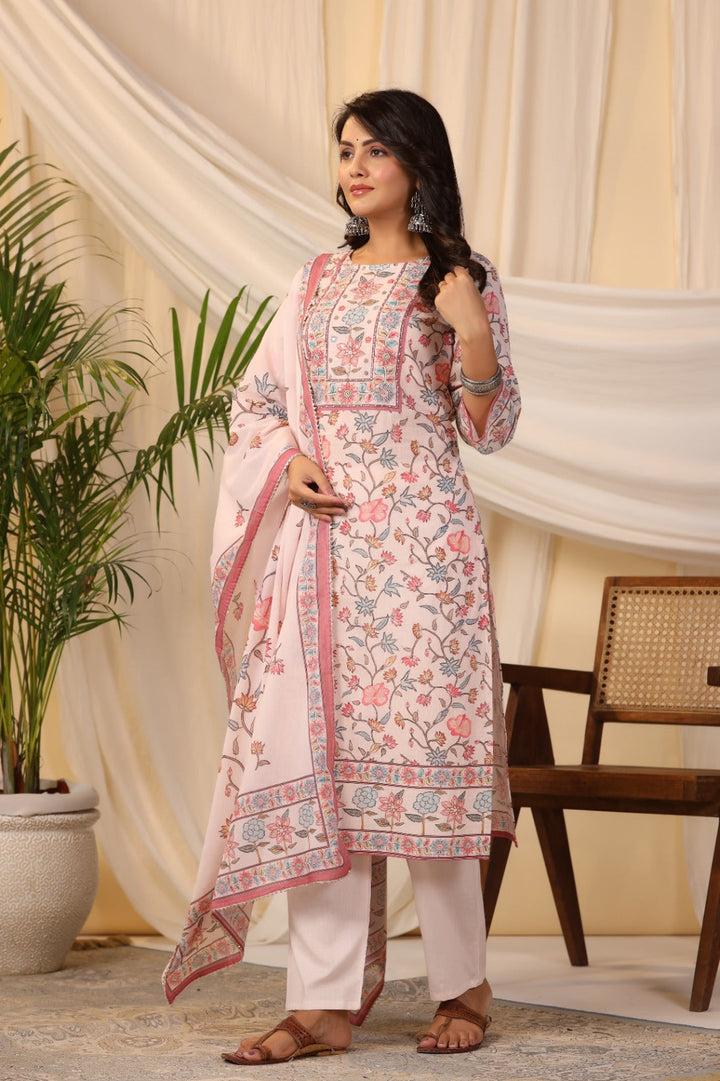 Floral Printed Cotton Kurta With Pants &amp; Dupatta