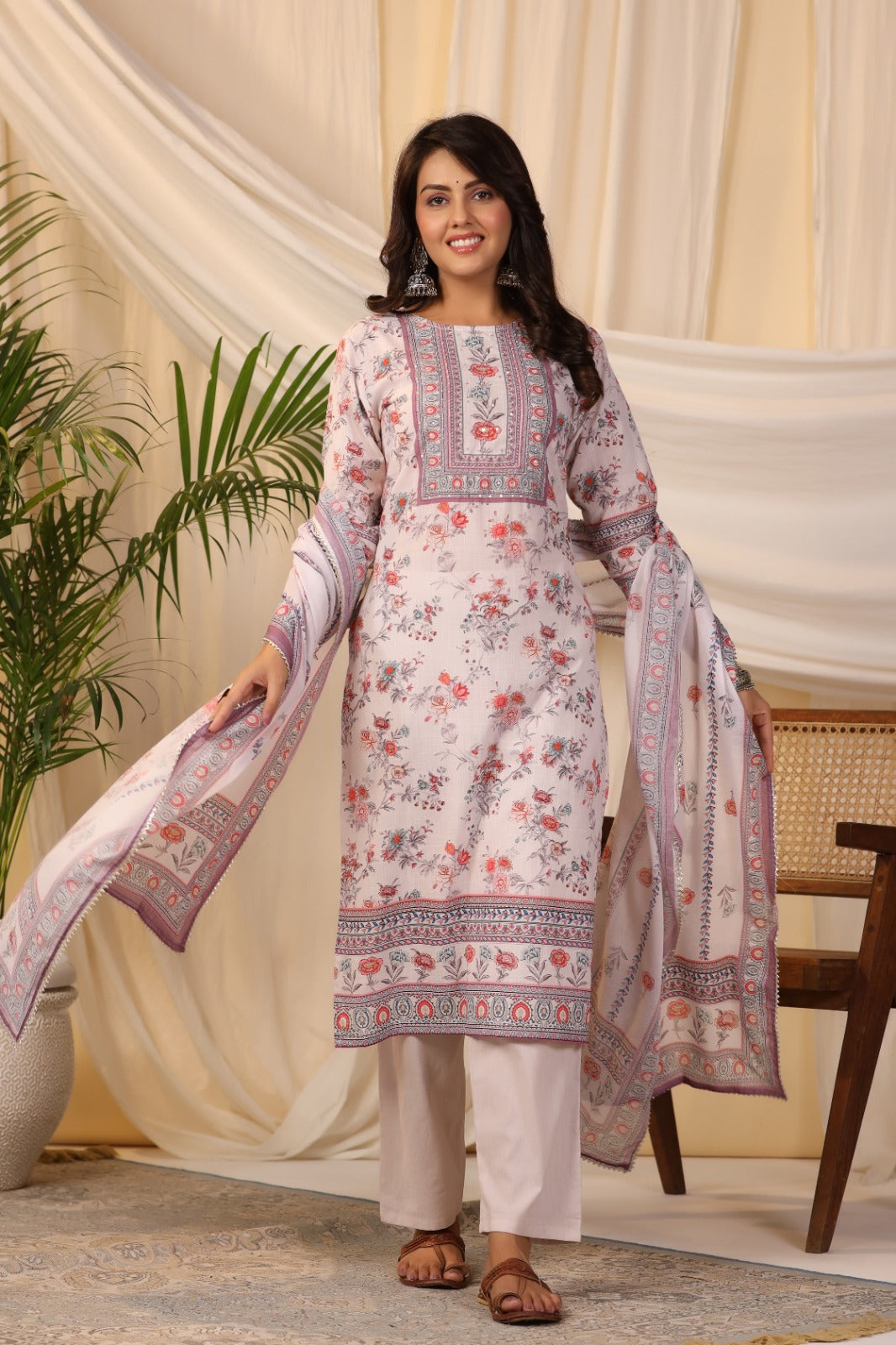 Floral Printed Cotton Kurta With Pants &amp; Dupatta