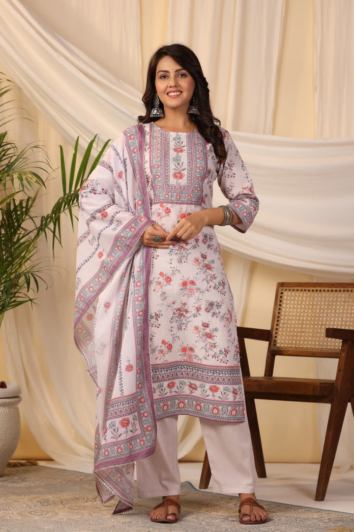 Floral Printed Cotton Kurta With Pants &amp; Dupatta