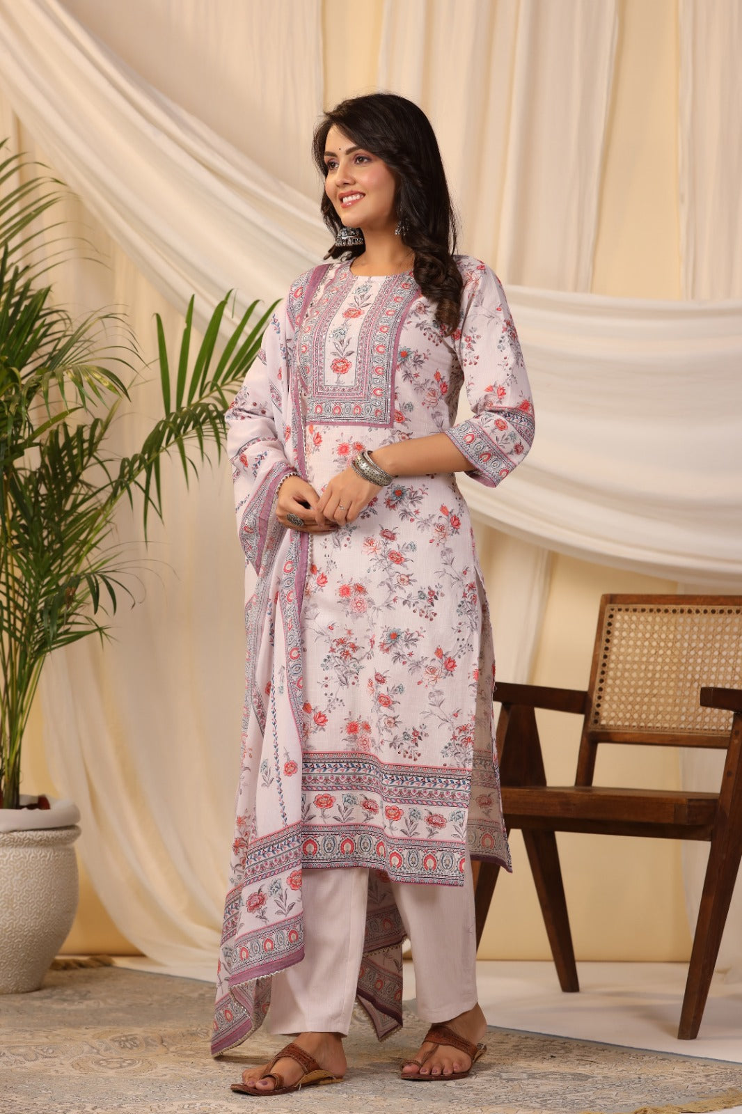 Floral Printed Cotton Kurta With Pants &amp; Dupatta