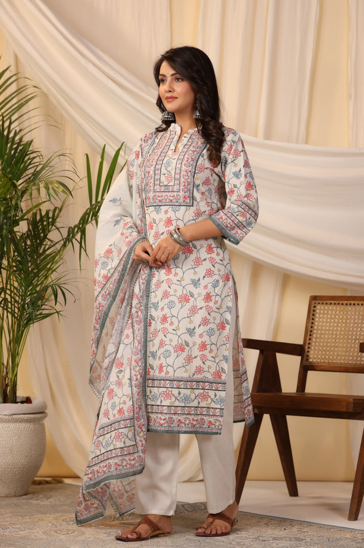 Floral Printed Cotton Kurta With Pants &amp; Dupatta