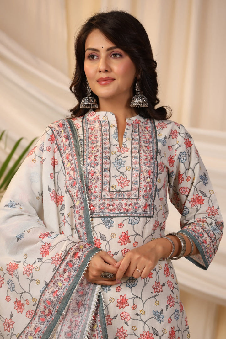 Floral Printed Cotton Kurta With Pants &amp; Dupatta