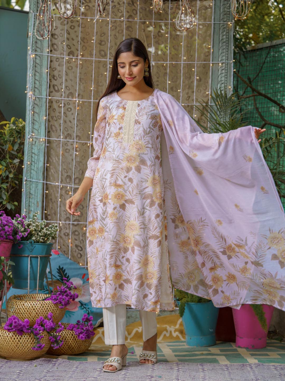 Printed Cotton Kurta With Pants &amp; Dupatta
