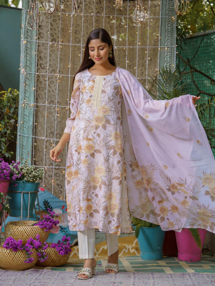Printed Cotton Kurta With Pants &amp; Dupatta