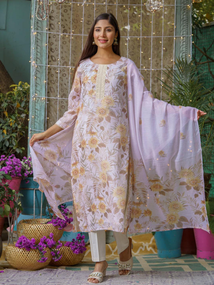 Printed Cotton Kurta With Pants &amp; Dupatta