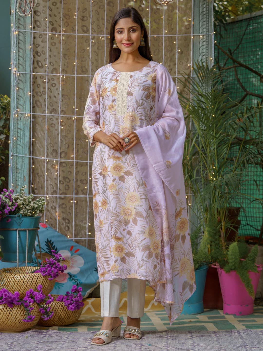 Printed Cotton Kurta With Pants &amp; Dupatta