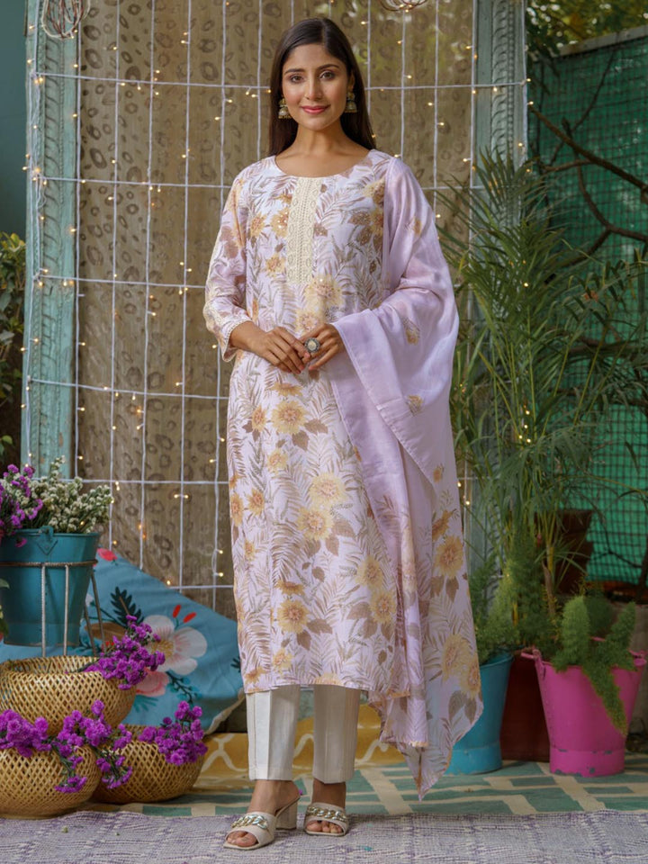 Printed Cotton Kurta With Pants &amp; Dupatta