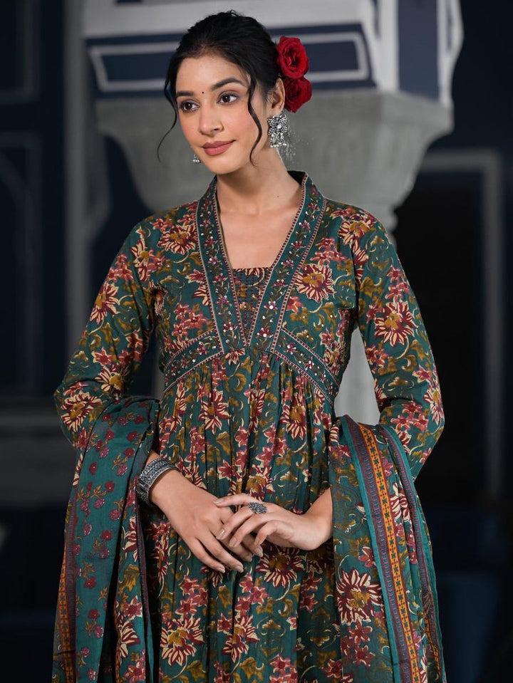 Floral Printed Anarkali Kurta With Pants &amp; Dupatta