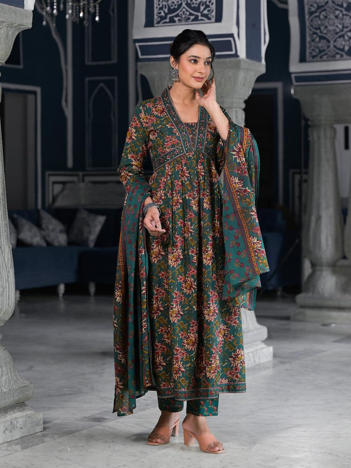 Floral Printed Anarkali Kurta With Pants &amp; Dupatta