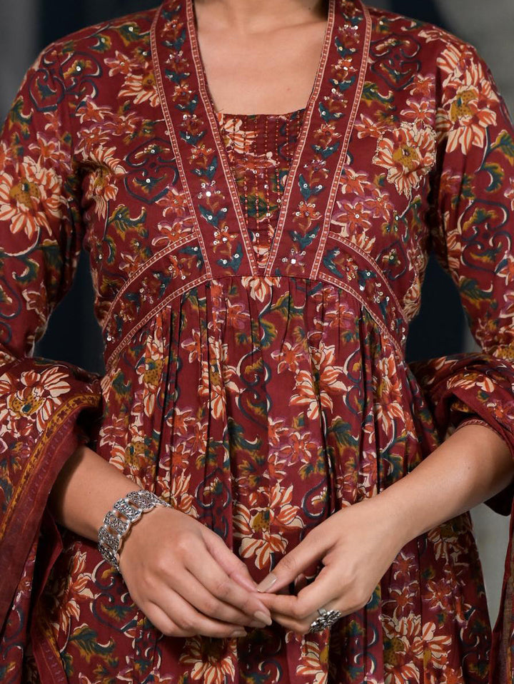 Floral Printed Anarkali Kurta With Pants &amp; Dupatta