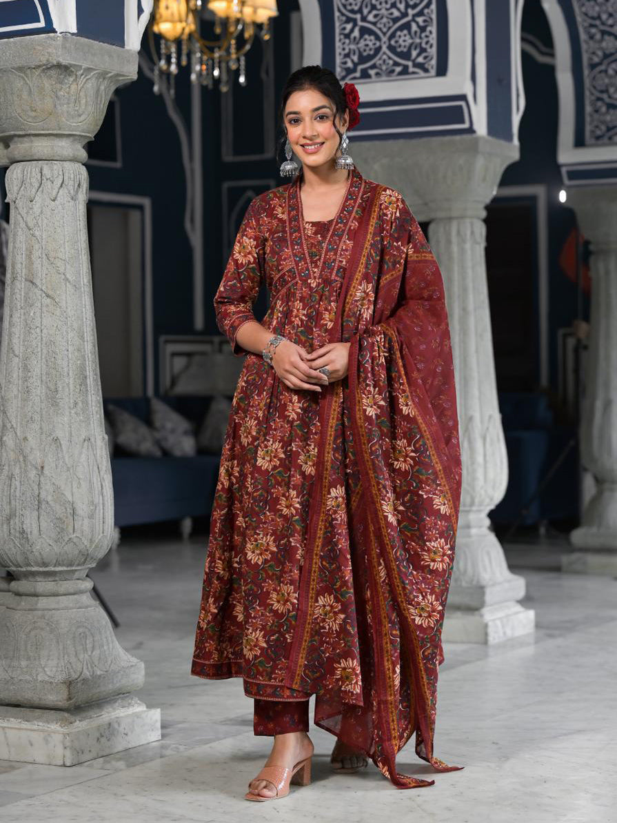 Floral Printed Anarkali Kurta With Pants &amp; Dupatta