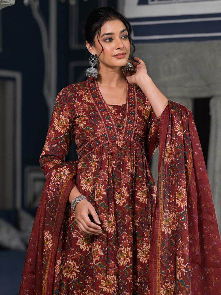 Floral Printed Anarkali Kurta With Pants &amp; Dupatta