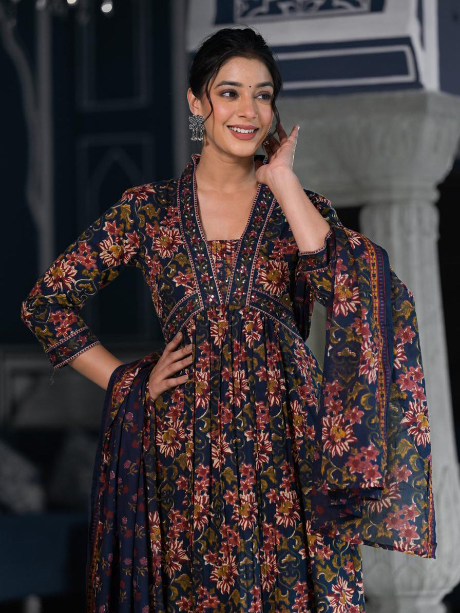 Floral Printed Anarkali Kurta With Pants &amp; Dupatta