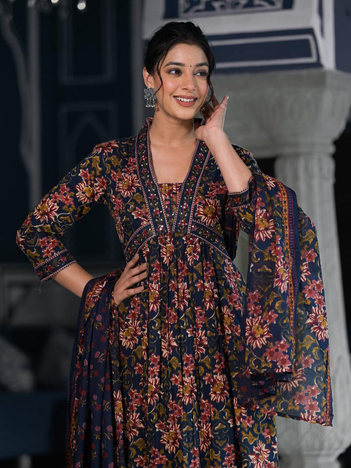 Floral Printed Anarkali Kurta With Pants &amp; Dupatta