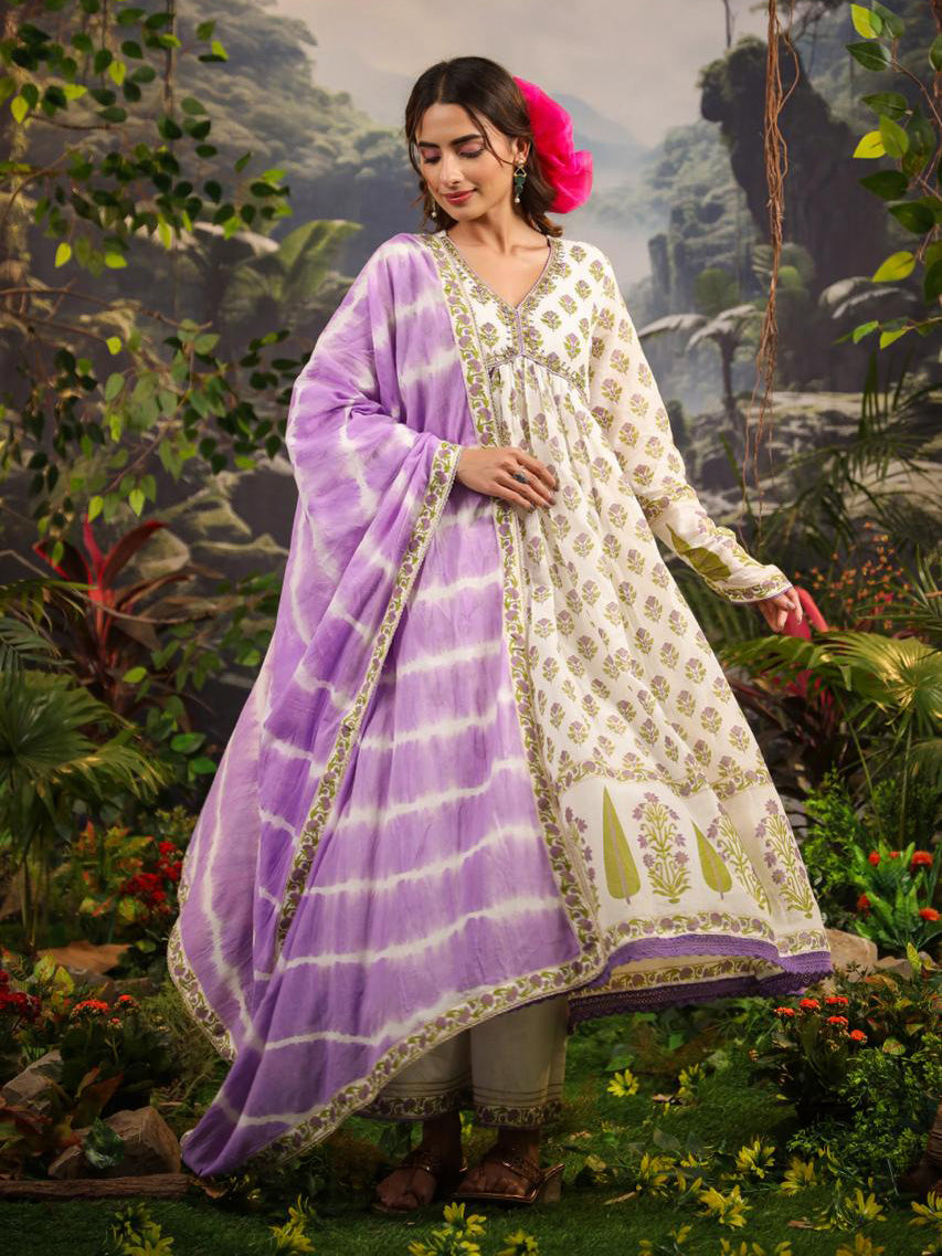 Floral Printed Cotton Kurta With Palazzo &amp; Dupatta