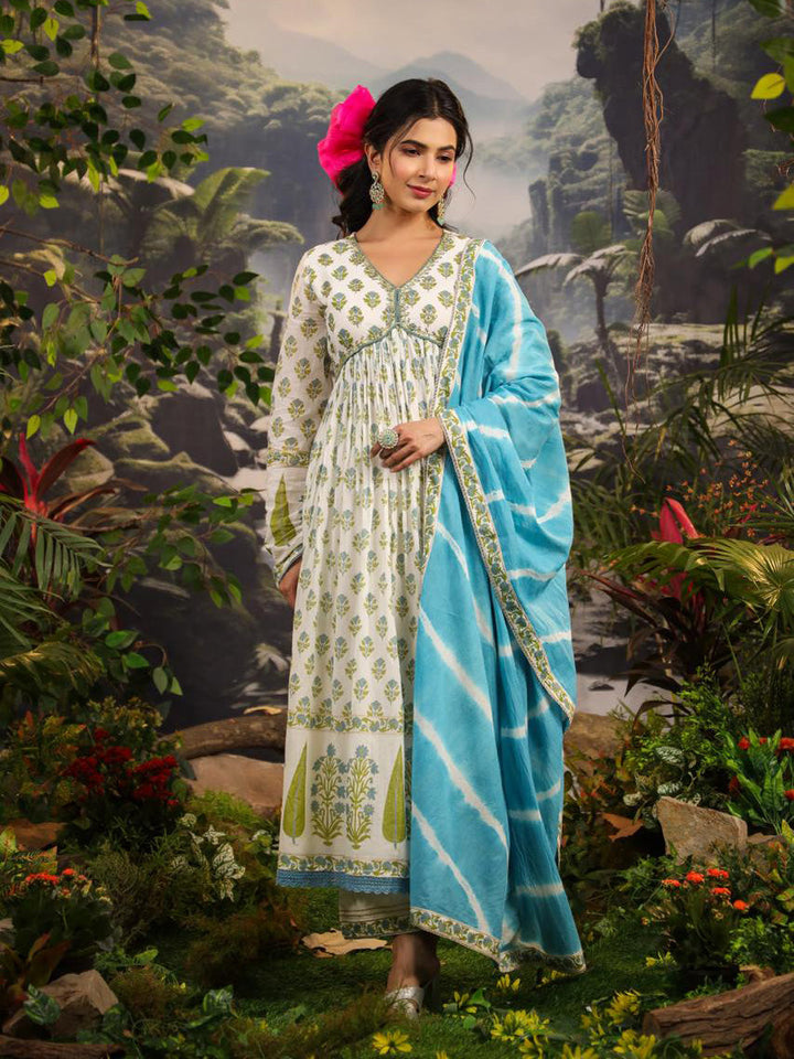 Floral Printed Cotton Kurta With Palazzo &amp; Dupatta