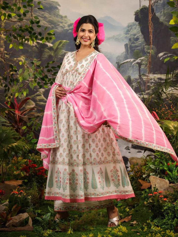 Floral Printed Cotton Kurta With Palazzo &amp; Dupatta