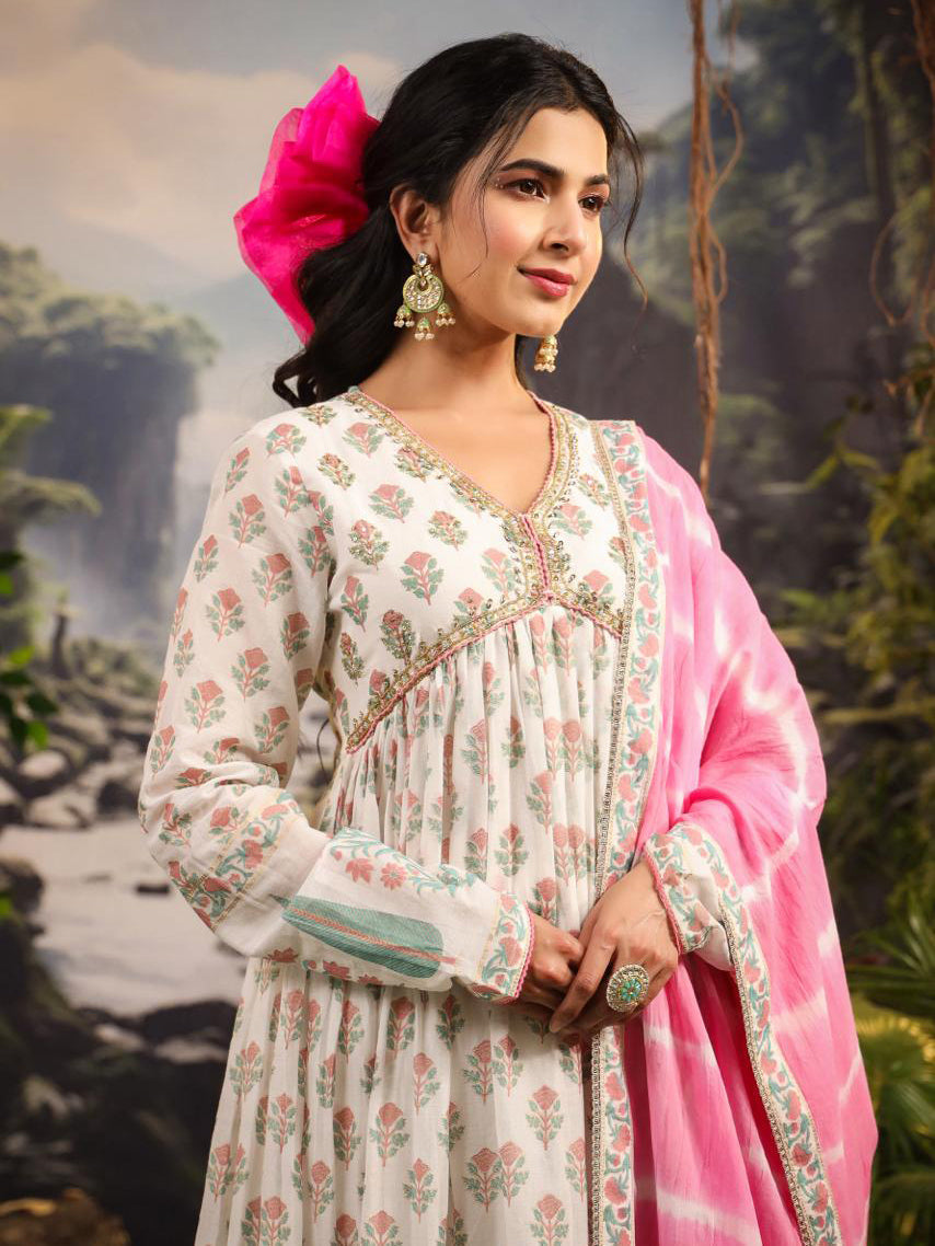 Floral Printed Cotton Kurta With Palazzo &amp; Dupatta