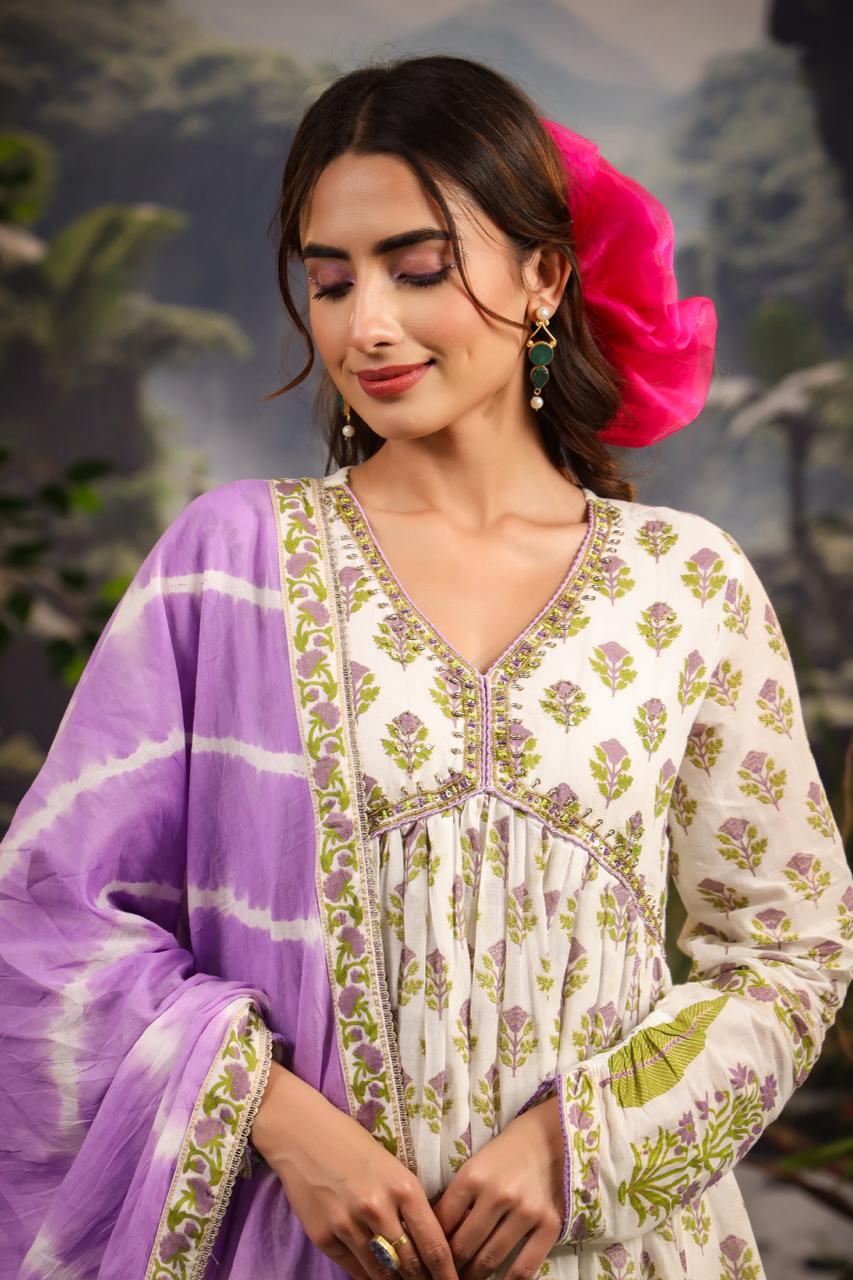 Floral Printed Cotton Kurta With Palazzo &amp; Dupatta