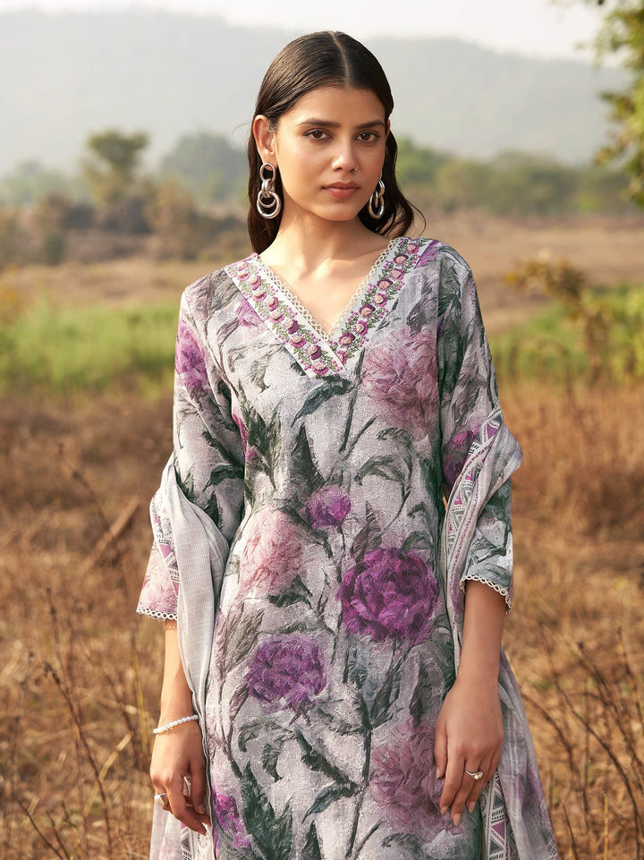 Floral Printed Kurta With Pants &amp; Dupatta
