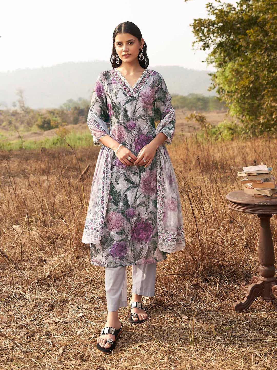 Floral Printed Kurta With Pants &amp; Dupatta