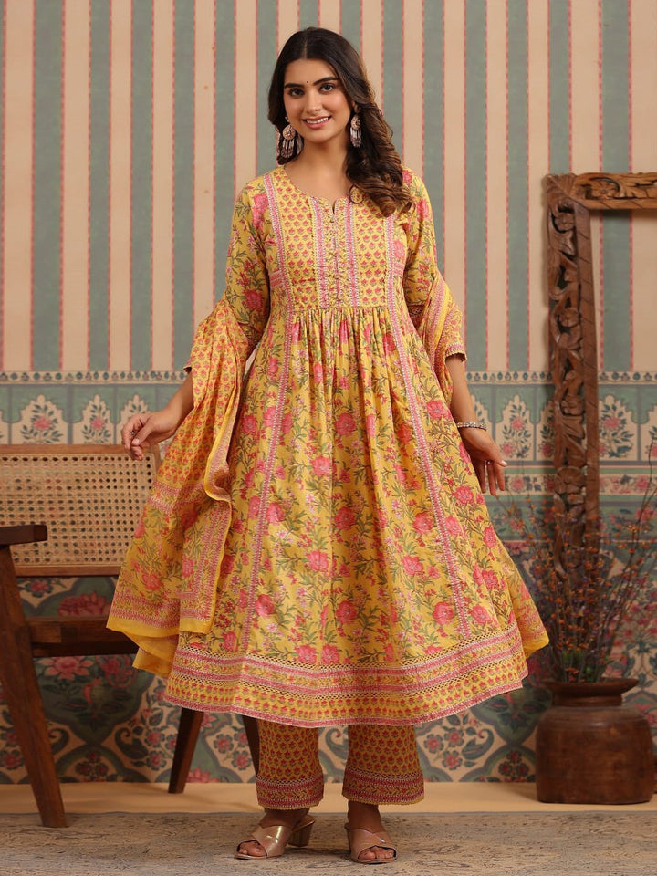 Floral Block Printed Anarkali Kurta With Pants &amp; Dupatta