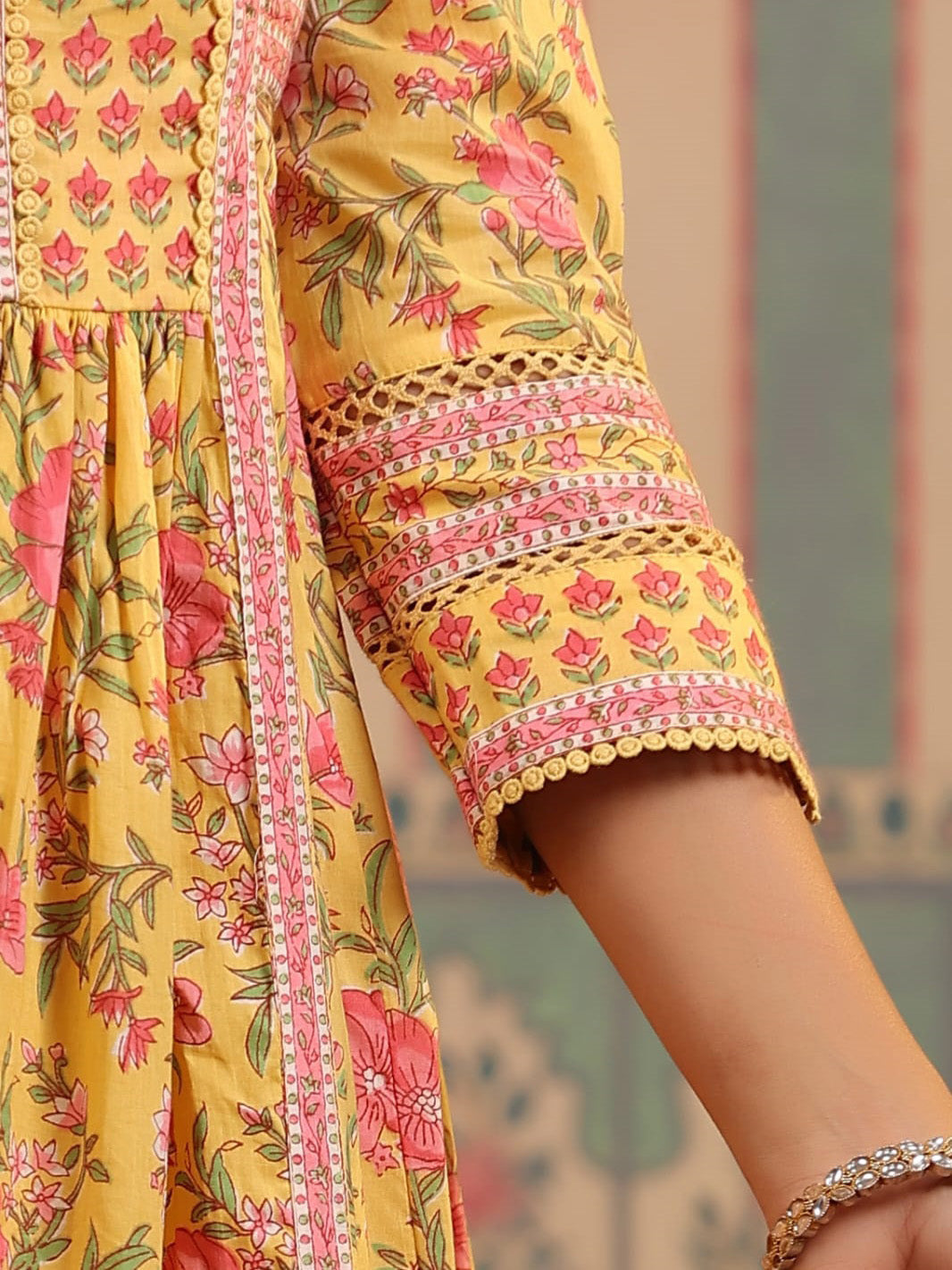 Floral Block Printed Anarkali Kurta With Pants &amp; Dupatta