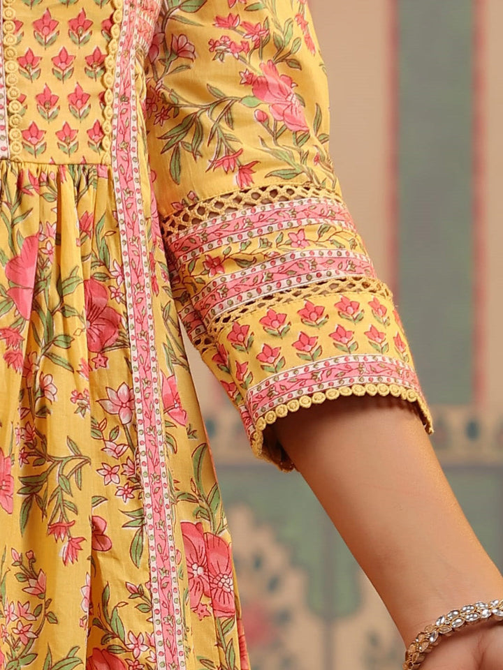 Floral Block Printed Anarkali Kurta With Pants &amp; Dupatta