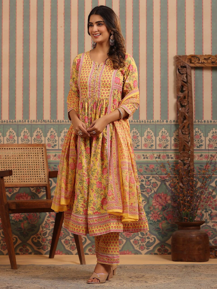 Floral Block Printed Anarkali Kurta With Pants &amp; Dupatta