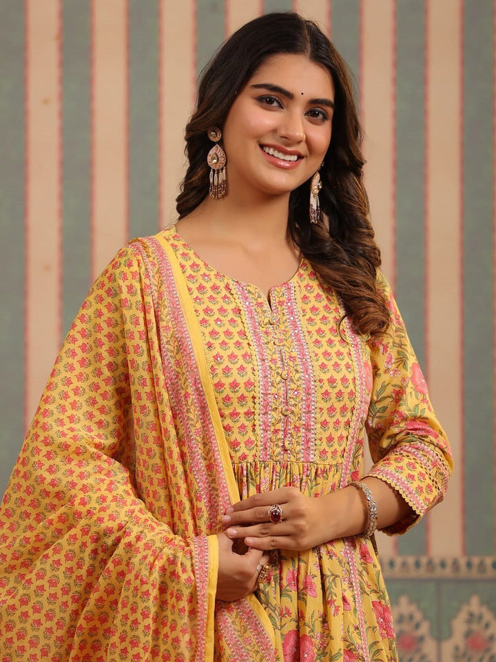 Floral Block Printed Anarkali Kurta With Pants &amp; Dupatta