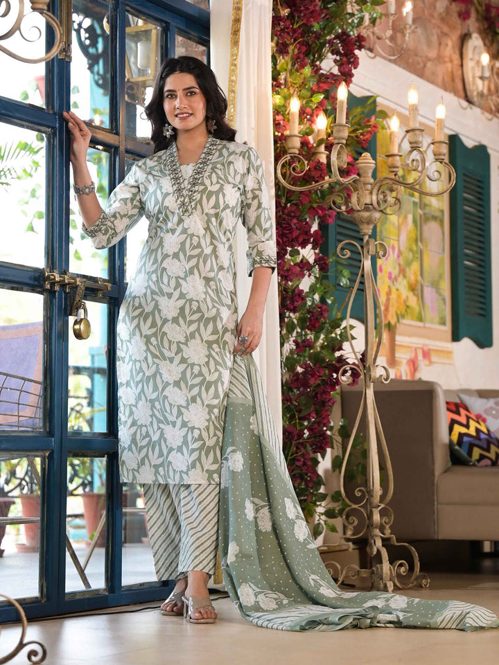 Floral Printed Cotton Kurta With Pants &amp; Dupatta