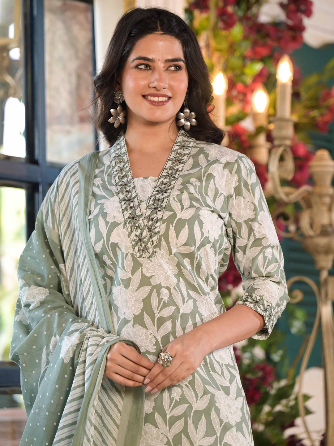 Floral Printed Cotton Kurta With Pants &amp; Dupatta