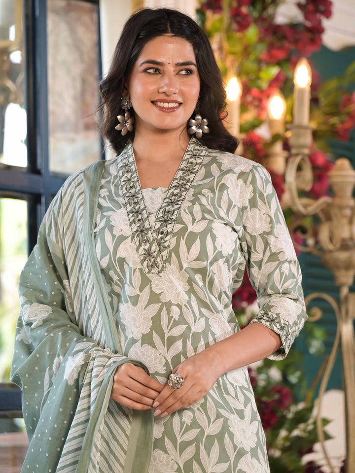 Floral Printed Cotton Kurta With Pants &amp; Dupatta