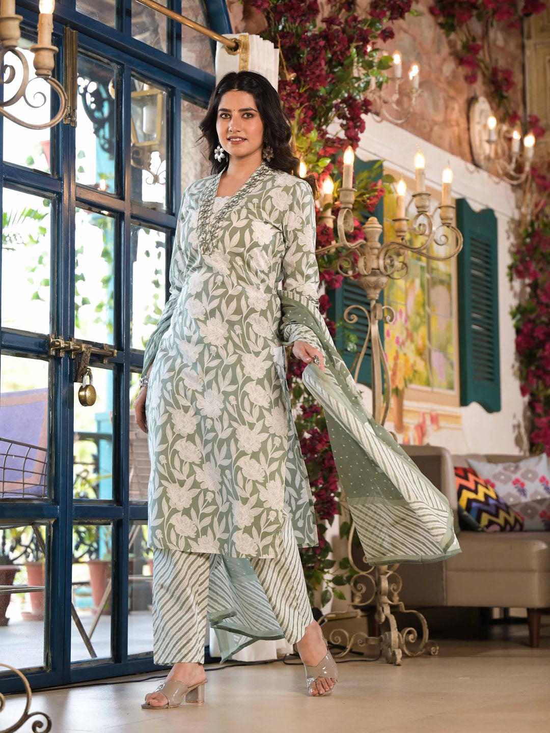 Floral Printed Cotton Kurta With Pants &amp; Dupatta