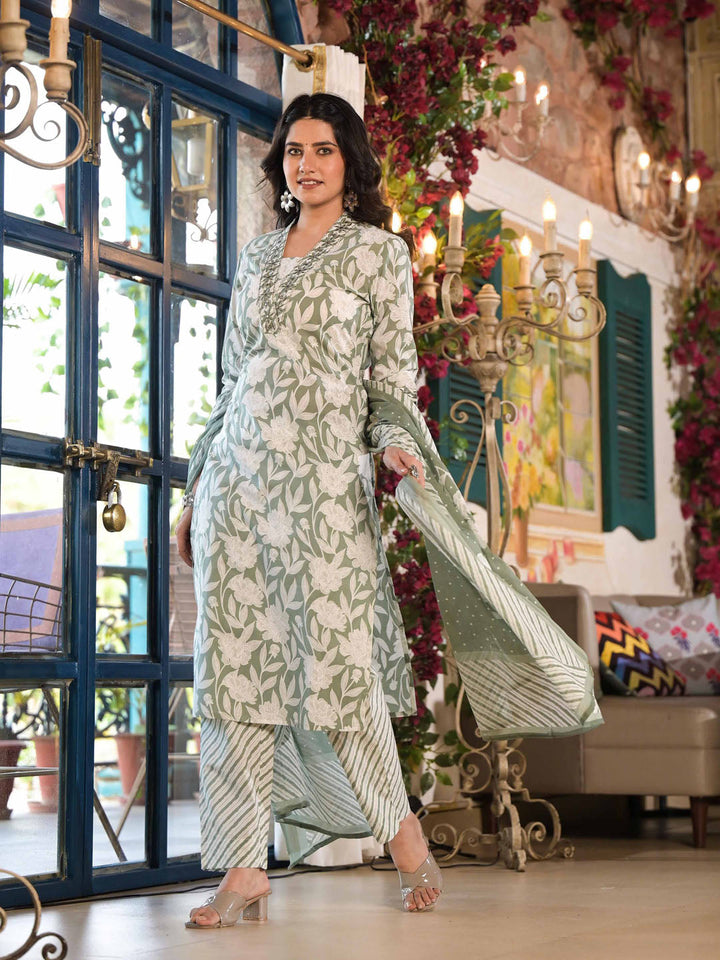Floral Printed Cotton Kurta With Pants &amp; Dupatta