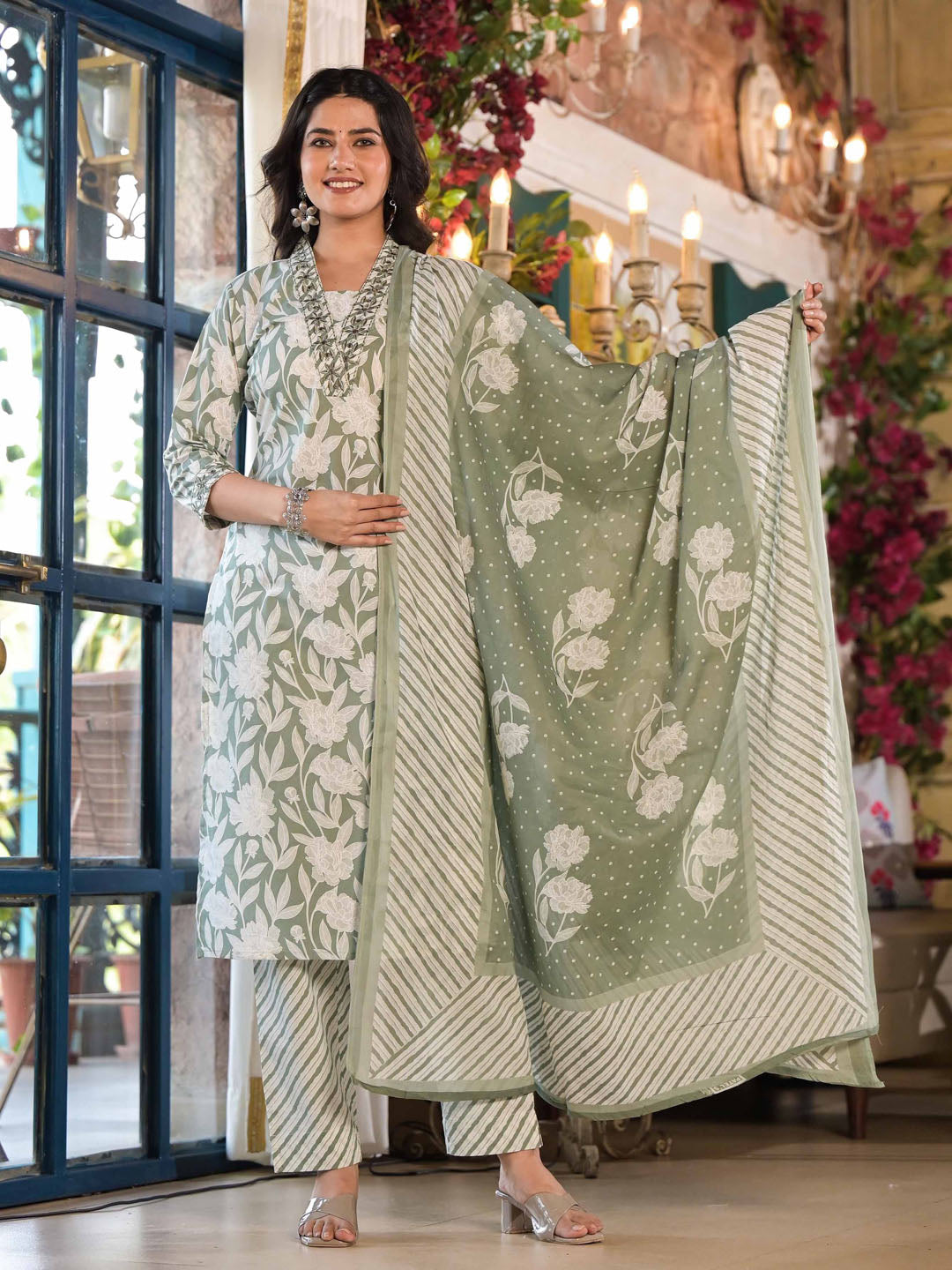 Floral Printed Cotton Kurta With Pants &amp; Dupatta