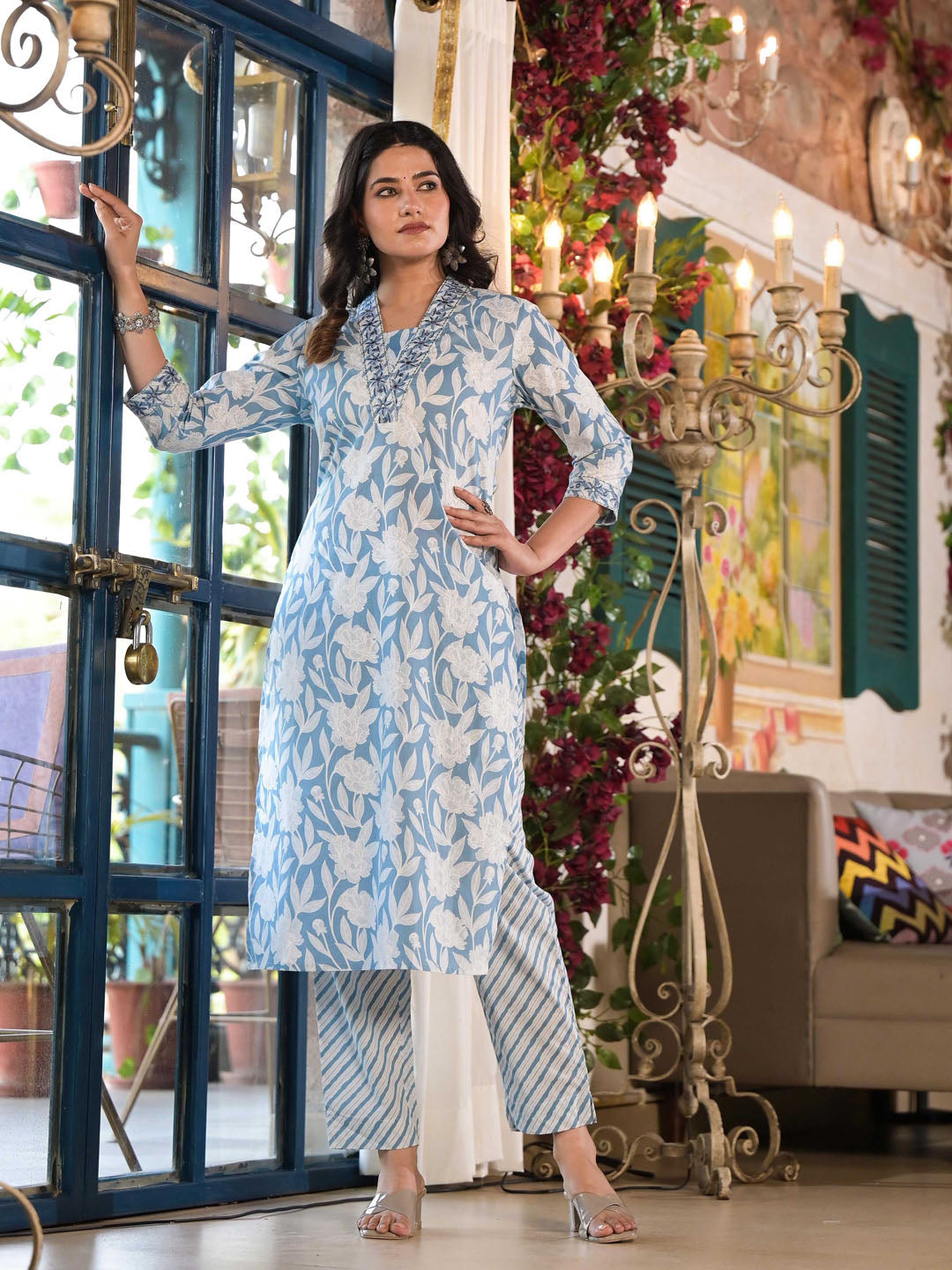 Floral Printed Cotton Kurta With Pants &amp; Dupatta