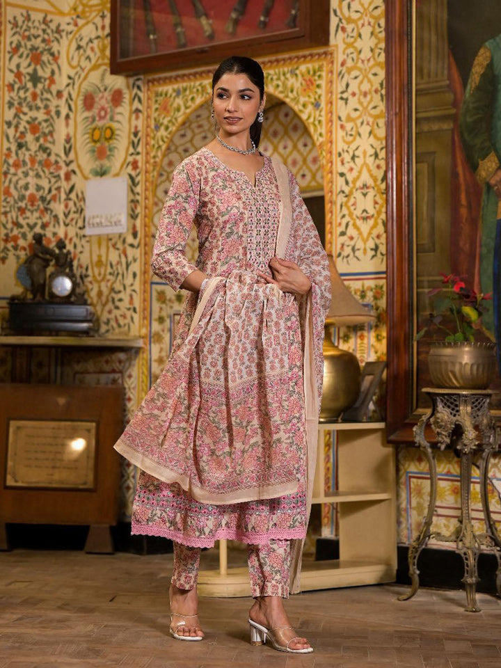 Floral Block Printed Cotton Kurta With Pants &amp; Dupatta