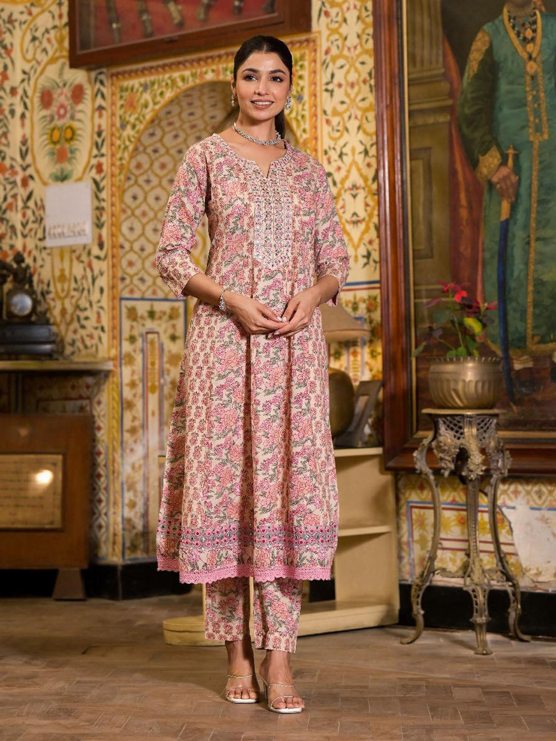 Floral Block Printed Cotton Kurta With Pants &amp; Dupatta