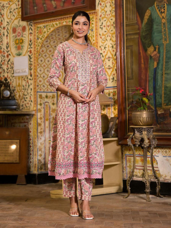 Floral Block Printed Cotton Kurta With Pants &amp; Dupatta