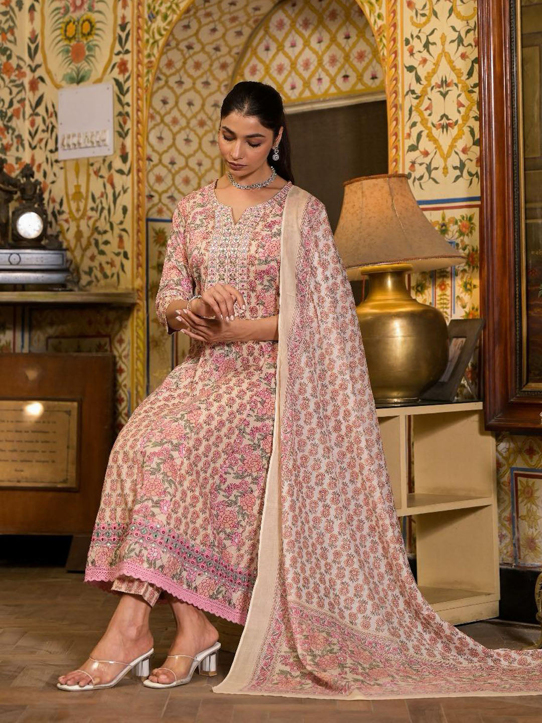 Floral Block Printed Cotton Kurta With Pants &amp; Dupatta