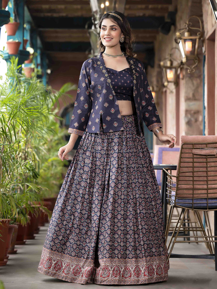 Digital Printed Art Silk Choli With Lehenga &amp; Jacket